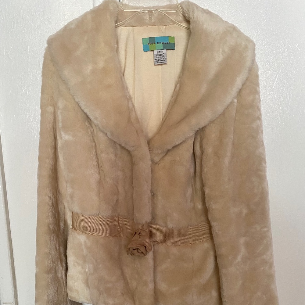 Cream colored faux fur jacket with grosgrain ribbon detail, size p (petite)